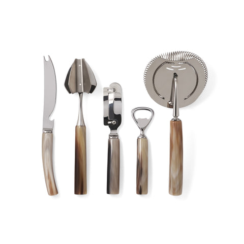 Luxury 5-piece bar set with natural horn handles – handcrafted in Italy, elegant drink and cocktail tools