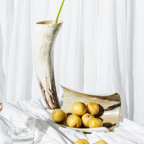 Elegant home décor vase in natural horn with nickel plated brass base – luxury made in Italy