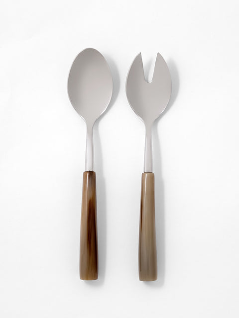 luxury salad servers set with natural horn handles handmade in itlay